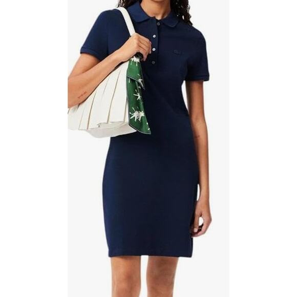 Lacoste Women's Short Sleeve Slim Fit Stretch Pique Polo Dress, Navy Blue, 10 - Picture 1 of 4
